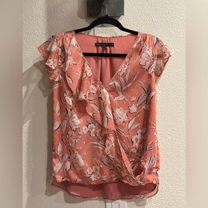 White House Black Market Size 0 Floral Sheer Pink Blouse w/ Built-in Under Tank